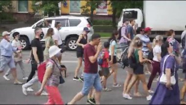 KHABAROVSK, RUSSIA - 25 Temmuz 2020: Furgal Sergey Ivanovich. Khabarovsk bölgesinin valisini desteklemek için grev. tepeden görünüm