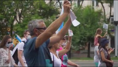 KHABAROVSK, RUSSIA - 25 Temmuz 2020: Furgal Sergey Ivanovich. Khabarovsk bölgesinin valisini desteklemek için grev. tepeden görünüm