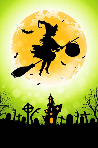 Halloween Funny Background with Witch and Haunted House. — Stock Vector