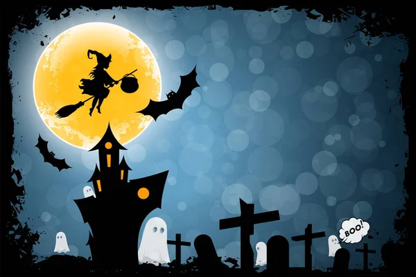 Halloween lustigen Hintergrund mit Hexe und Spukhaus. — Stockvektor