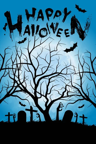 Halloween Pozadí Strom Pohlednice Dovolené Hřbitovem Zombie Ruce — Stockový vektor