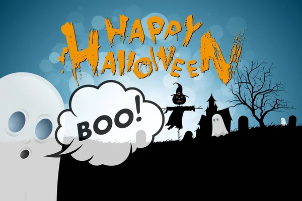 Halloween Background Ghosts Haunted House Tree Cemetery Scarecrow — Stock Vector