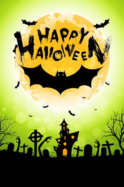 Halloween Funny Background Bat Haunted House Trees Moon Spider Cemetery — Stock Vector