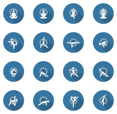 Yoga Fitness ve meditasyon Icon Set. Düz tasarım Yoga arkada Mandala süsleme ile poz veriyor. İzole illüstrasyon.