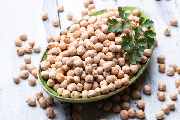 Pois Chiches Secs Haricots Garbanzo Dans Bol Céramique Ingrédient Alimentaire — Photo