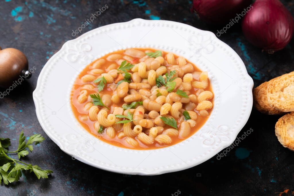 Italian style pasta fagioli dish with macaroni and kidney beans