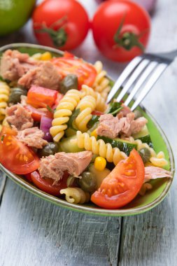 Fusili makarna ve sebzeli ton balığı salatası.