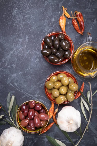 Azeitonas Conserva Prontas Para Comer Alimentos Saudáveis Utilizados Cozinhas Mediterrânicas — Fotografia de Stock