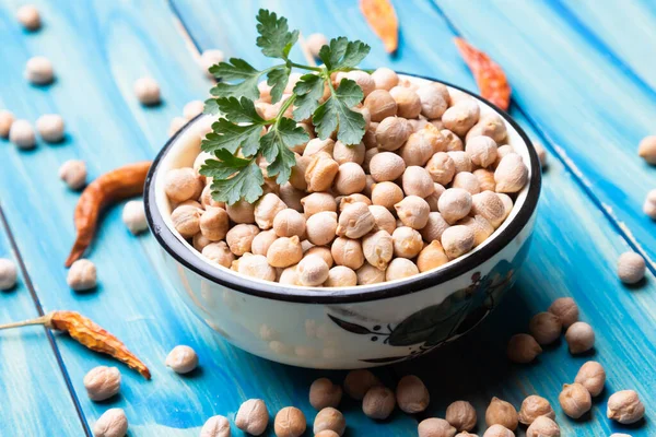 Garbanzos Secos Garbanzos Tazón Cerámica Ingrediente Alimentario Saludable — Foto de Stock