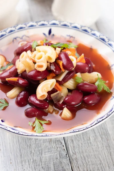 Paste Stil Italian Farfurie Fagioli Macaroane Fasole Renală — Fotografie, imagine de stoc