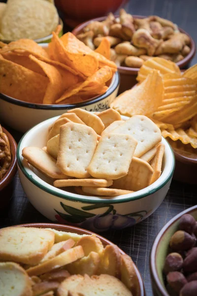 Salty Snacks Served Party Food Ceramic Bowls — Stock Photo, Image
