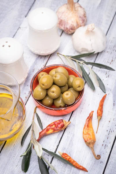 Eingelegte Oliven Zum Verzehr Gesunde Lebensmittel Die Der Mediterranen Küche — Stockfoto
