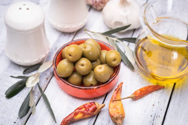 Eingelegte Oliven Zum Verzehr Gesunde Lebensmittel Die Der Mediterranen Küche — Stockfoto