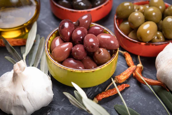 Pickled olives ready to eat, healthy food used in mediterranean cuisines