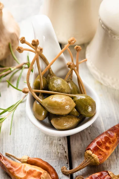 Pickled Marinated Green Capers Close Selective Focus — Stock Photo, Image