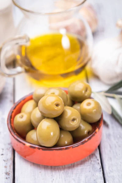 Azeitonas Conserva Prontas Para Comer Alimentos Saudáveis Utilizados Cozinhas Mediterrânicas — Fotografia de Stock