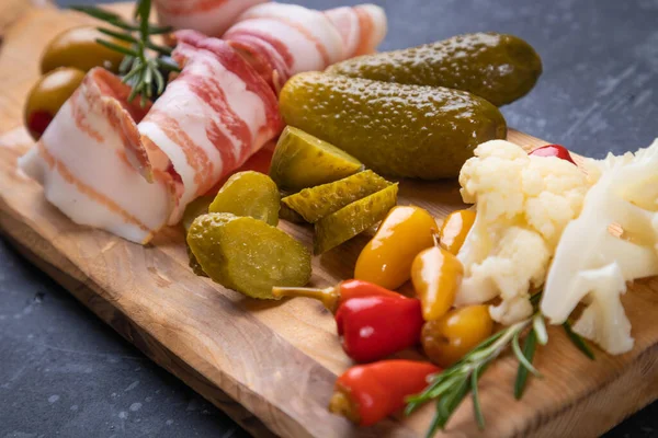 Pickled Cucumber Olives Served Silces Cured Meats — Stock Photo, Image