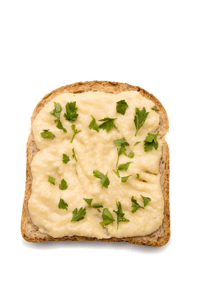 Rebanada Pan Con Propagación Parte Superior Aislado Sobre Fondo Blanco — Foto de Stock