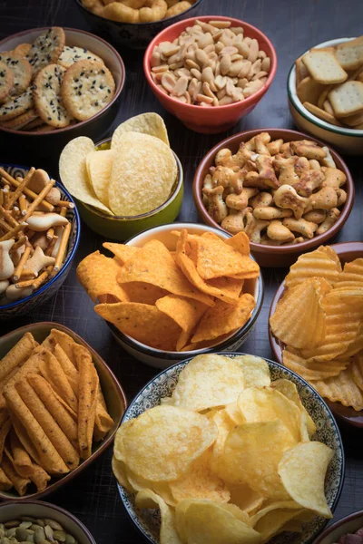 Salty Snacks Served Party Food Ceramic Bowls — Stock Photo, Image