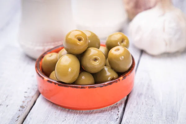 Pickled olives ready to eat, healthy food used in mediterranean cuisines