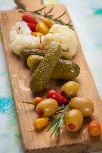 Pickled Marinated Cucumber Olives Chilis Wooden Board — Stock Photo, Image