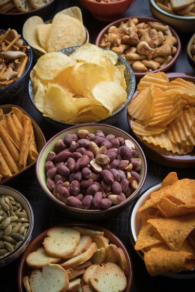 Salty Snacks Served Party Food Ceramic Bowls — Stock Photo, Image