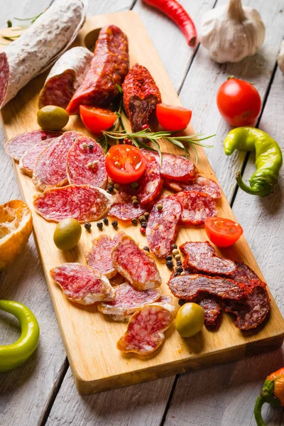 Cured Pork Beef Sausages Served Tapas Antipasto Cold Buffet Food — Stock Photo, Image