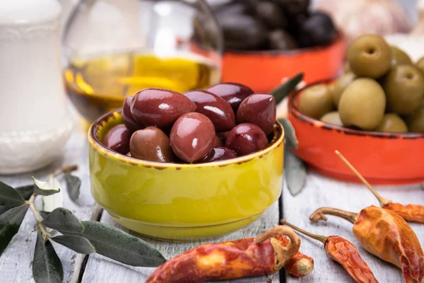 Pickled olives ready to eat, healthy food used in mediterranean cuisines