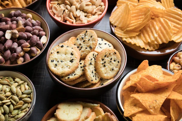 Salty Snacks Served Party Food Ceramic Bowls — Stock Photo, Image