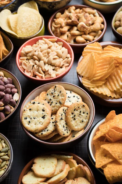 Salty Snacks Served Party Food Ceramic Bowls — Stock Photo, Image