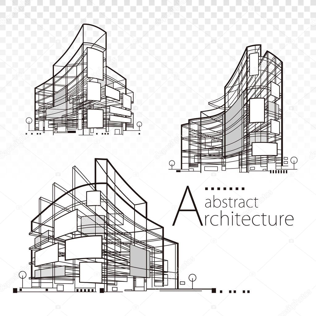 3D illustration architecture abstract modern building design set.