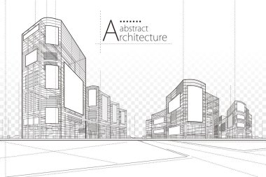Mimari bina perspektif tasarımı, soyut modern kentsel yapı çizimi.