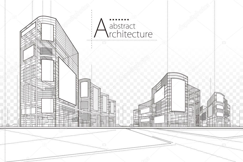 Architecture building construction perspective design,abstract modern urban building line drawing.