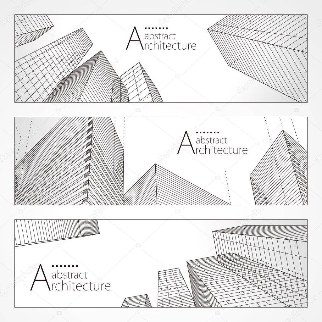 Architecture abstract modern building, Architecture building construction perspective line drawing design banner set.