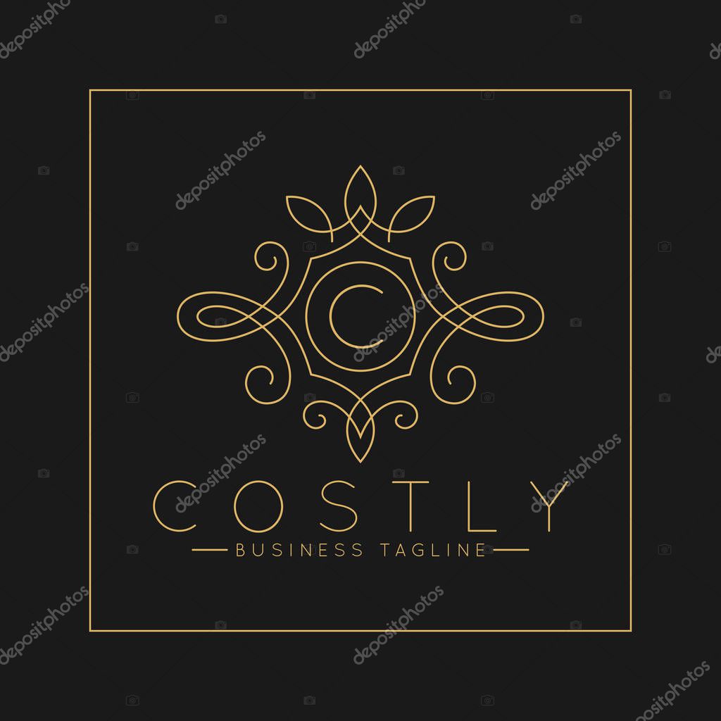 Luxurious Letter C Logo with classic line art ornament style vector