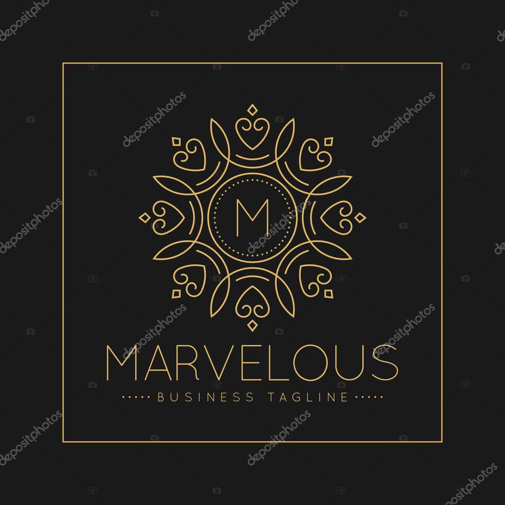 Letter M Logo with classic and Luxurious line art ornament style vector