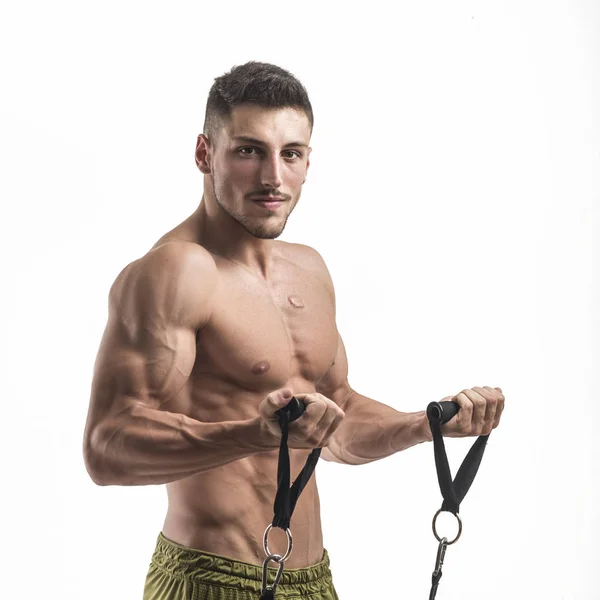 Jovem Homem Musculoso Treinando Seu Corpo Usando Barra Pull — Fotografia de Stock