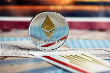 Ethereum sikke grafik ve diyagramlar arka plan üzerinde. Kripto Döviz ticareti kavramı