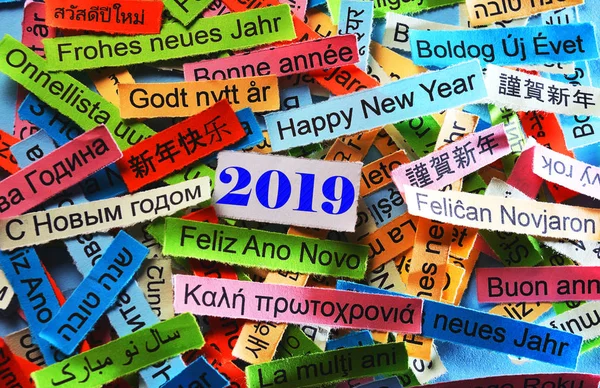 Happy New Year 2019 Word Cloud printed on colorful paper different languages
