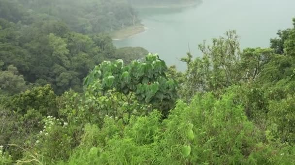 Вид на озеро Тамблинган в тумане индонезийского острова Бали — стоковое видео