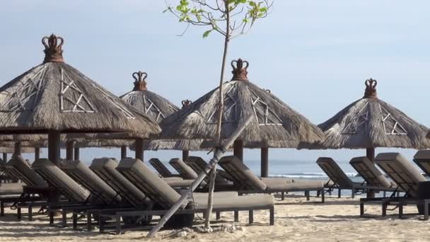 Waves Warm Sea Run Sandy Beach Tropical Resort Umbrellas Chaise — Stock Video