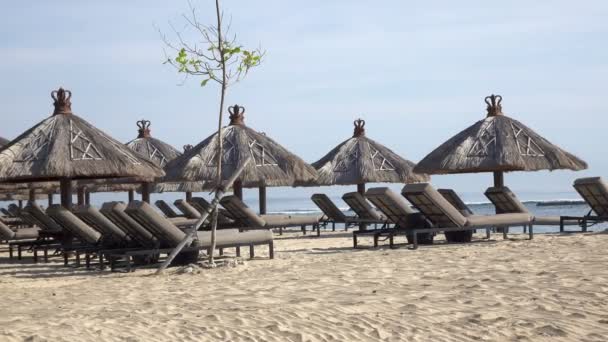 Golven van de warme zee lopen op het strand van het tropische resort met parasols en ligstoelen — Stockvideo