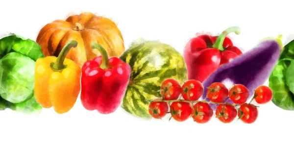 Vegetables Pumpkin Sweet Pepper Cabbage Watermelon Eggplant Branch Tomatos Watercolor — Stock Photo, Image