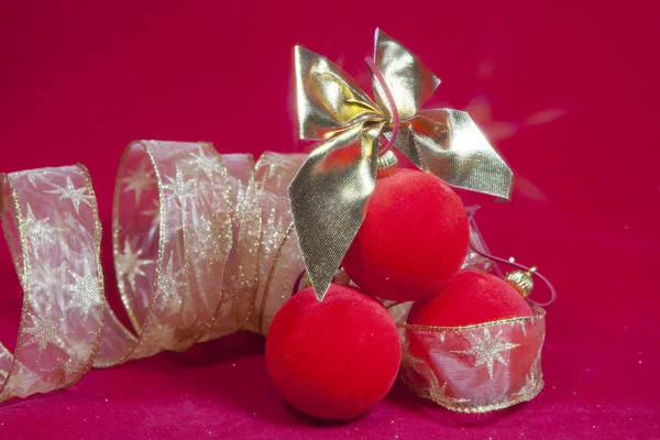 Red New Year Balls Ribbon — Stock Photo, Image