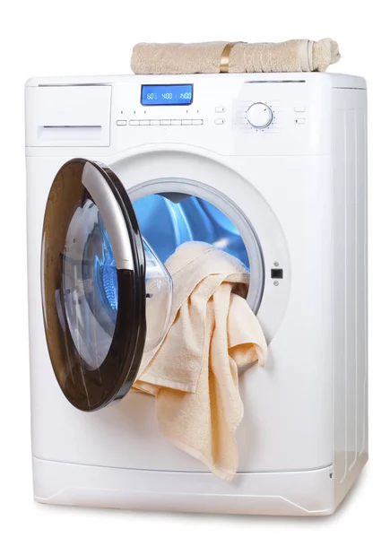Máquina Lavar Roupa Com Uma Porta Aberta Toalha — Fotografia de Stock