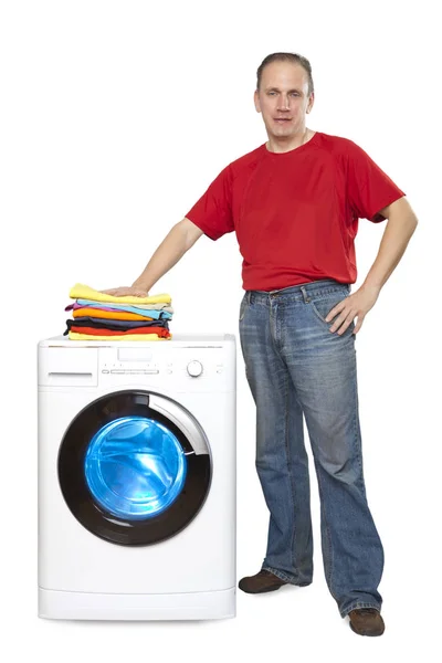 Glücklicher Mann Mit Neuer Waschmaschine — Stockfoto