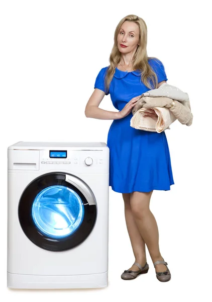 Happy Young Woman New Washing Machine — Stock Photo, Image