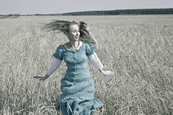 Beautiful Woman Blue Long Dress Field Ripe Ears Cereals Toning — Stock Photo, Image