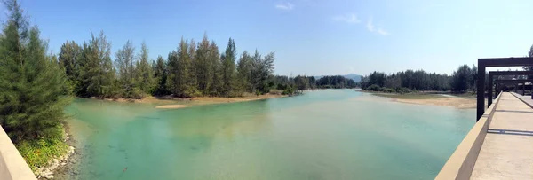 Thailand Bridge Flood River Flowing Sea Inflow Sandy Beach Coniferous — Stock Photo, Image