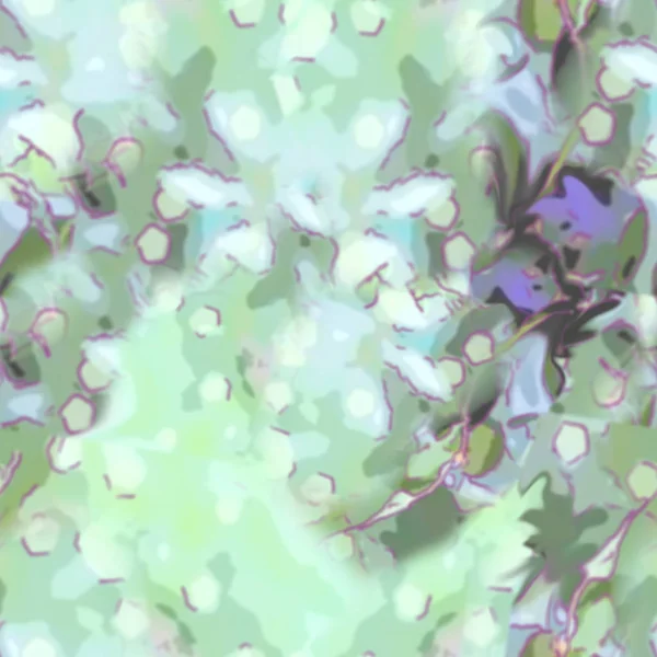 抽象无缝的背景的叶子的模式与 Bokeh 绿色的色调与深红色的线条和丁香元素 — 图库照片